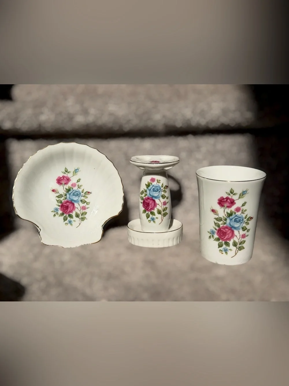 Vintage 3 Piece Porcelain Rose Bathroom Vanity Set Grandmillennial Shabby Chic